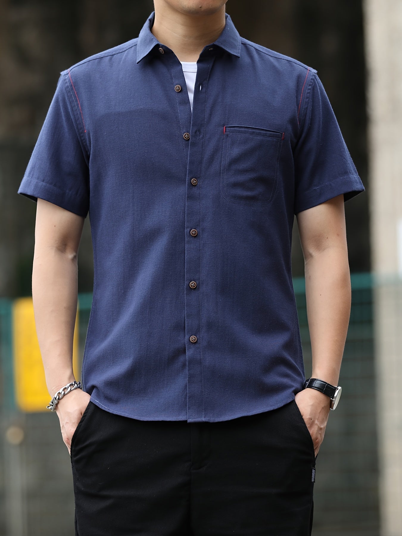 Men s Casual Cotton Shirt Vintage Style Short Sleeve Shirt With Chest Pocket