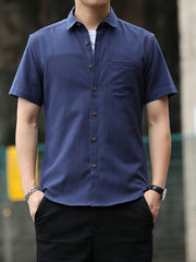 Men s Casual Cotton Shirt Vintage Style Short Sleeve Shirt With Chest Pocket