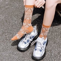 Letter Print Argyle Socks All Match Mid Tube Women's Stockin