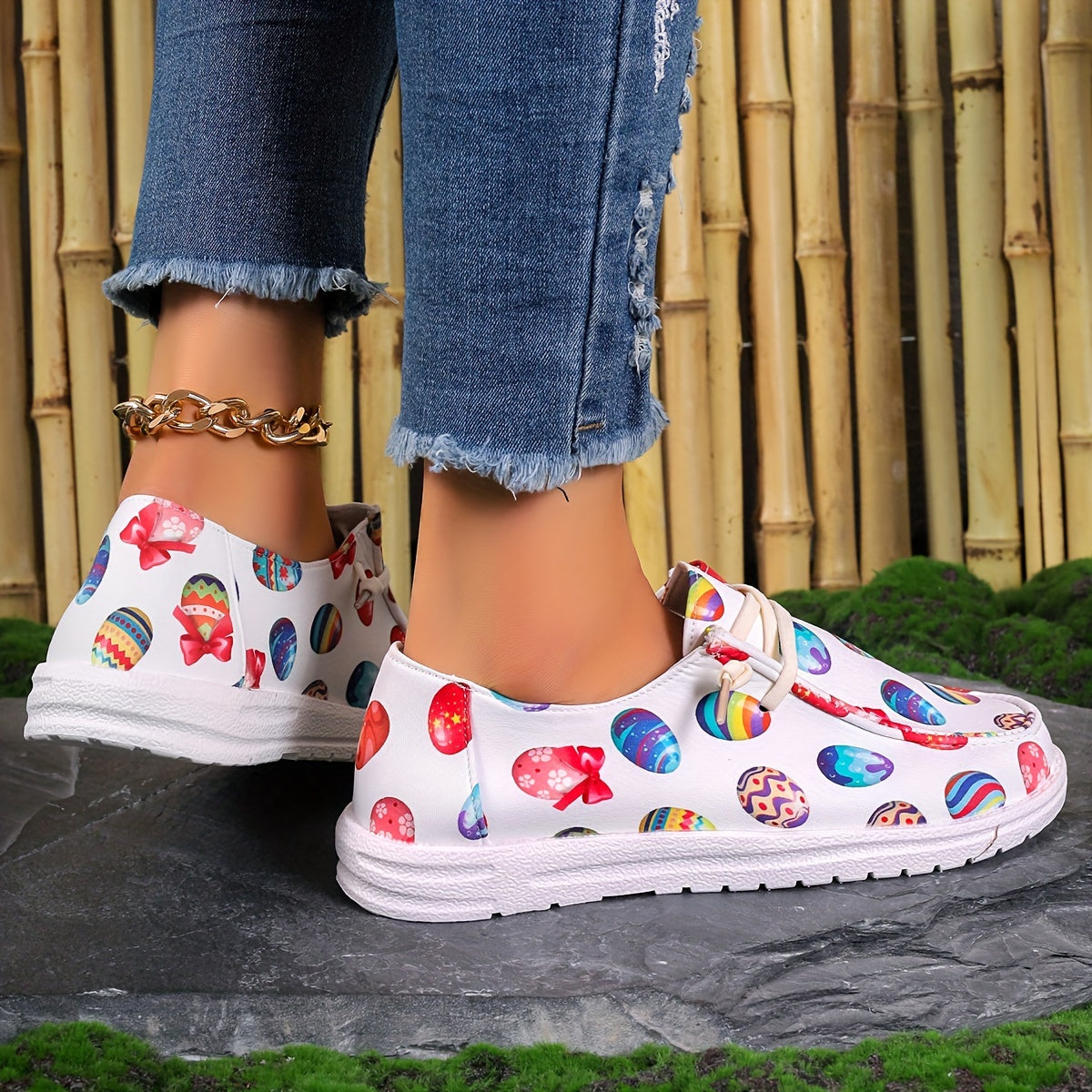 Women's Easter Eggs Print Canvas Slip On Casual Walking Shoes