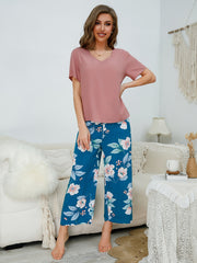 Floral Print Lounge Set V Neck Short Sleeve Top & Bow Pants
