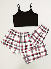 Plaid Print 3-Piece Sleep Set: Cami Top, Bow Shorts, Lounge Pants