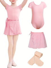 Girls Comfy Dance Suit Leotard Romper Skirt Leggings Set