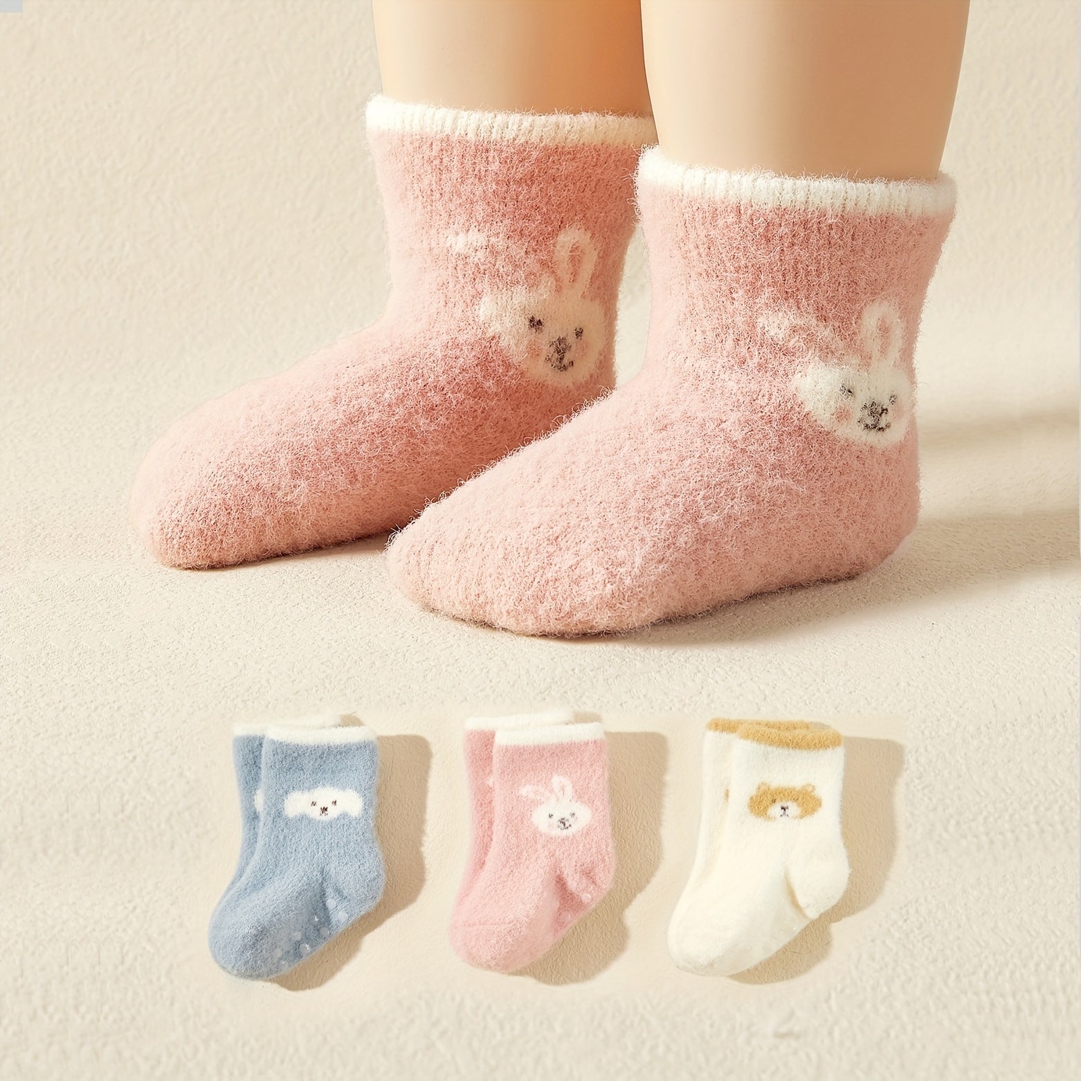 3pairs Baby Girls Cartoon Plush Non-slip Floor Socks for Autumn and Winter