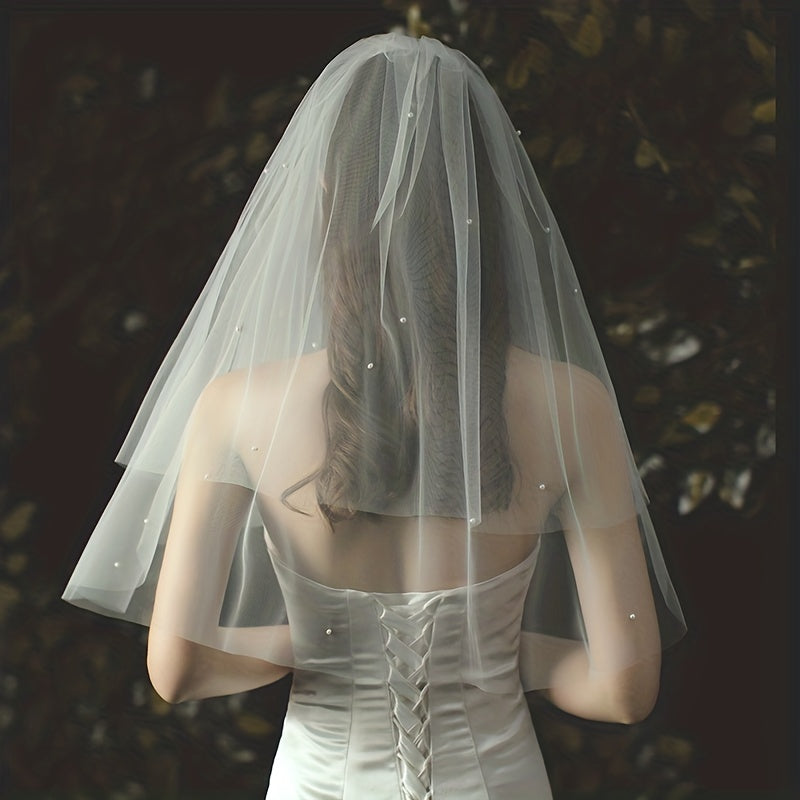 Double Layer Bridal Veil Faux Pearl Beads Mesh Head Piece Wedding