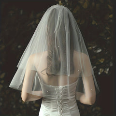 Double Layer Bridal Veil Faux Pearl Beads Mesh Head Piece Wedding