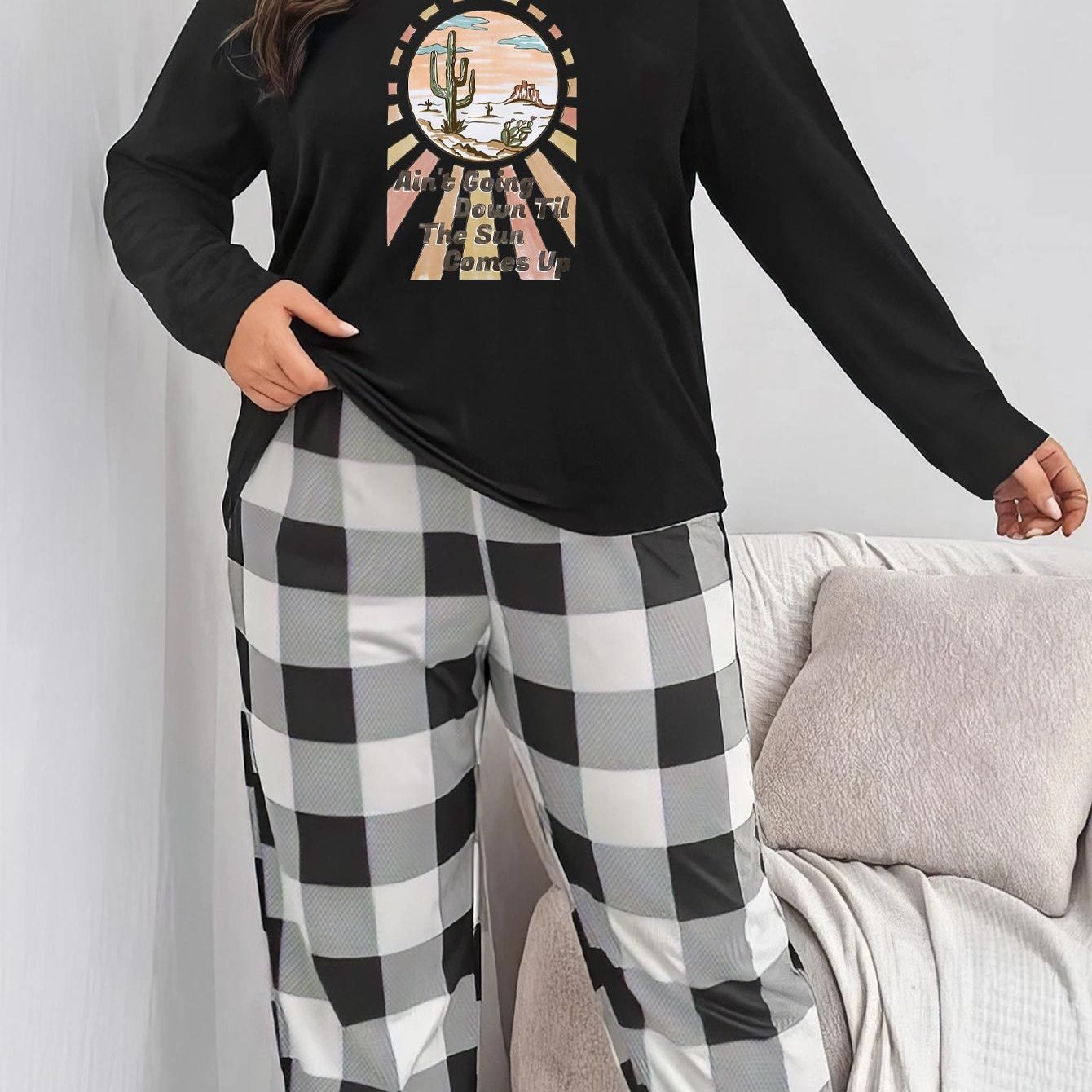 Desert Scenery Tee & Plaid Pants Lounge Set - Plus Size