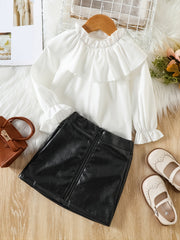Toddler Girls Winter Skirt Set Ruffle Trim Top & PU Zipper Skirt