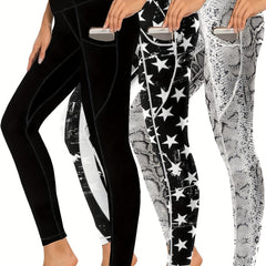 3-Pack Plus Size Leggings Set: Star & Snake Print High Waist