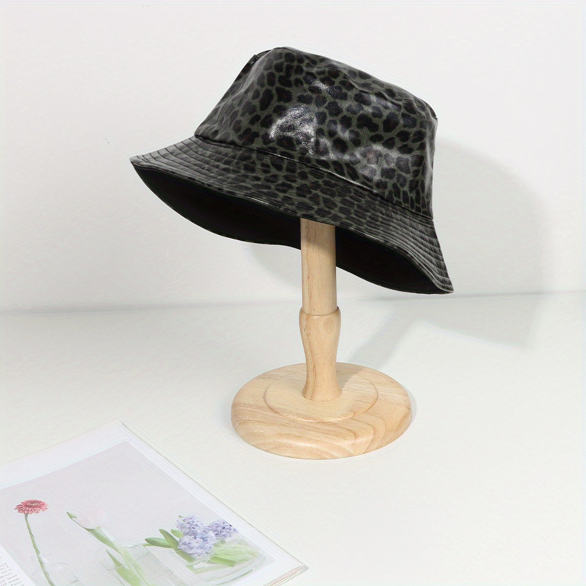 Leopard Print Reversible Bucket Hat PU Leather Waterproof Hip Hop Suns