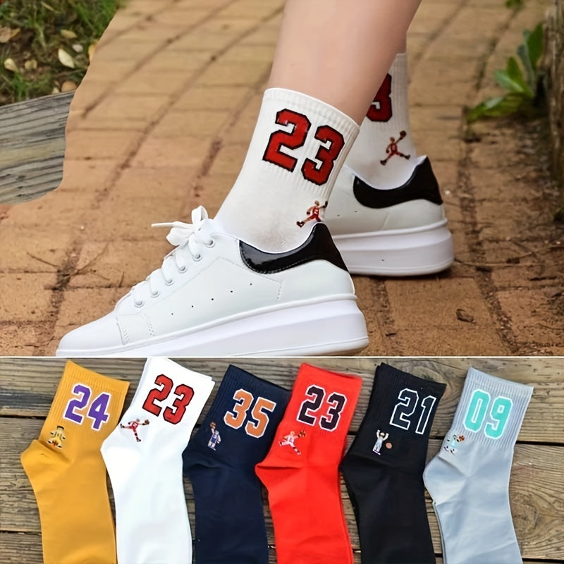 6 Pairs Men's Sports Number Letter Socks for Spring & Summer