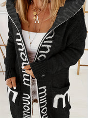 Letter Print Open Front Hooded Cardigan