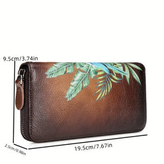 Vintage Tropical Floral Tote Bag Brown Leather Zip Closure