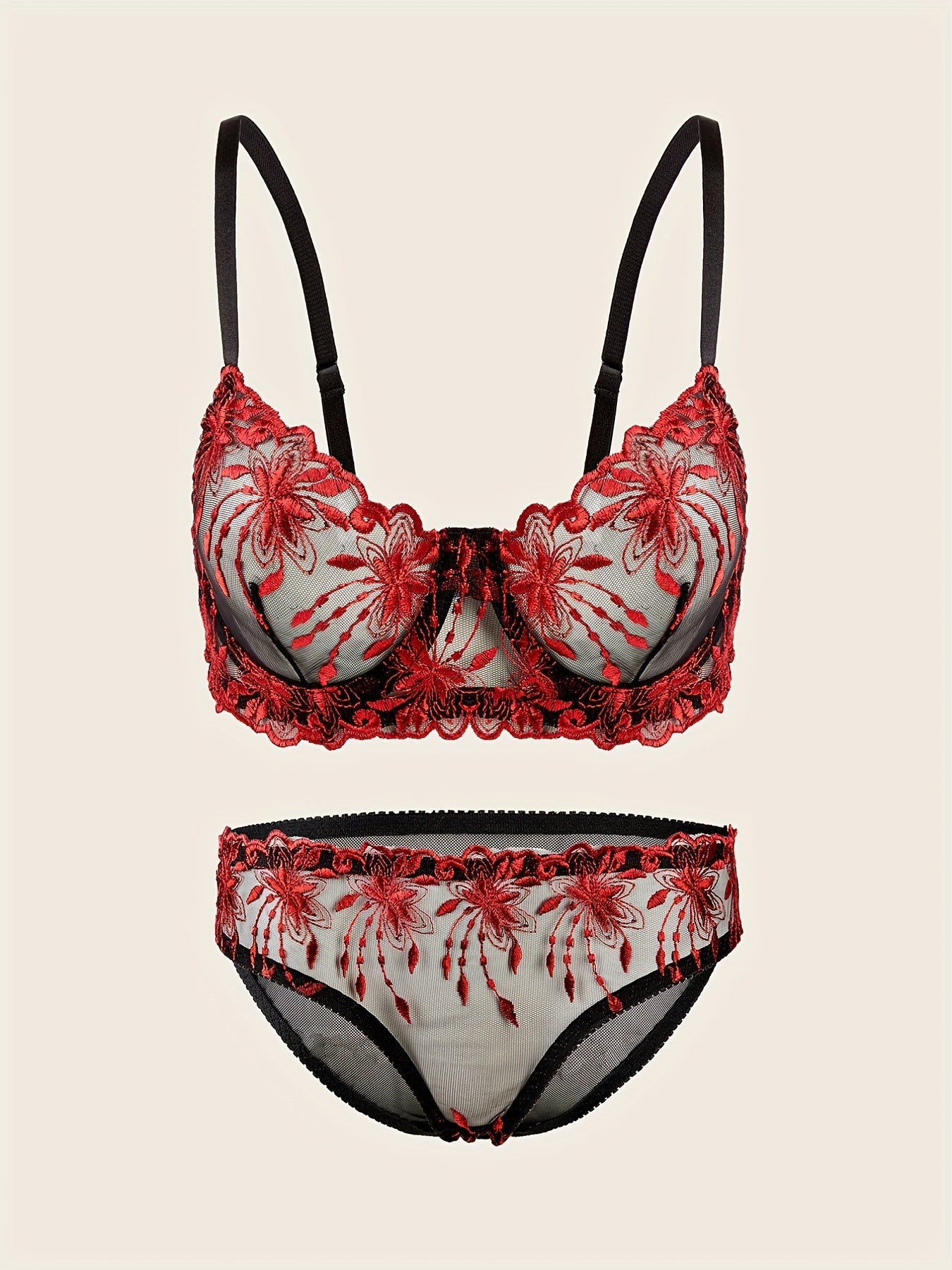 Floral Lace Lingerie Set Sheer Unlined Bra & Mesh Panties