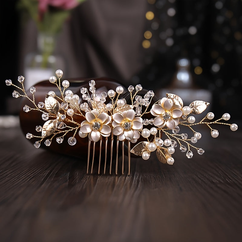 Silver Flower Hair Comb Pearl Rhinestone Bridal Wedding Tiara