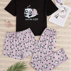Cartoon Panda Print Pajama Set Short Sleeve Crew Neck Top & Shorts