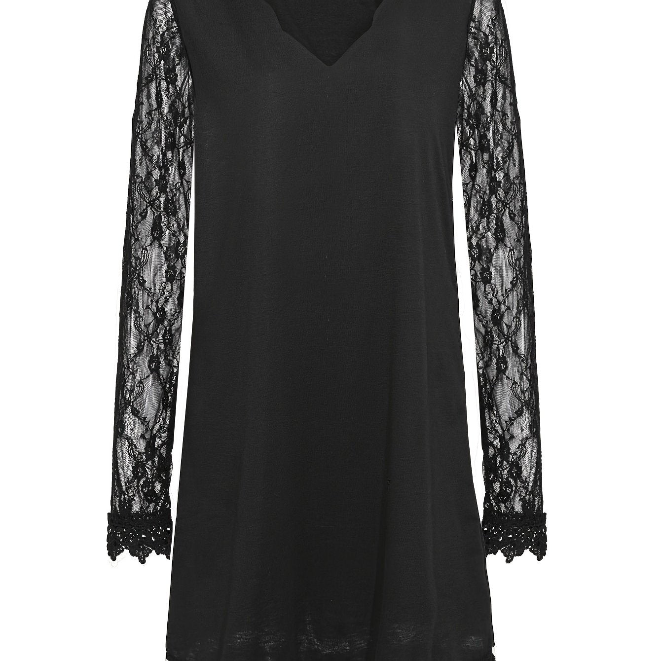 Solid V Neck Lace Long Sleeve Dress Women's Clothing