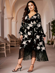 Women's Plus Floral Lantern Sleeve Fringe Dress