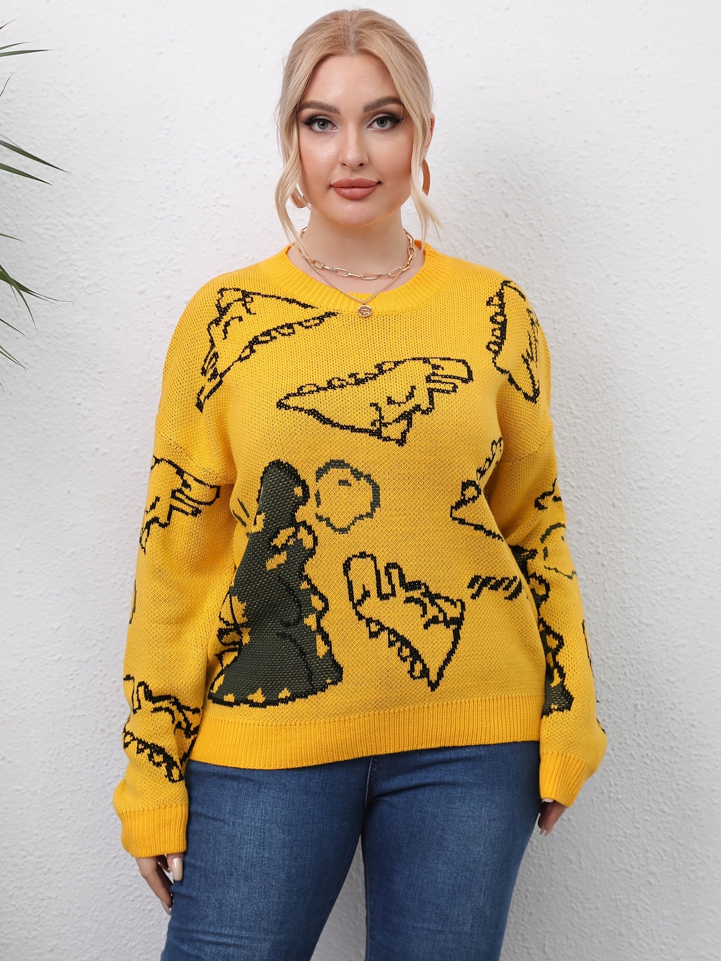 Dinosaur Jacquard Sweater Women's Plus Pullover