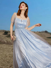 Mesh Short Sleeve Dress Square Neck Bridesmaid Party Guest Evening Gown Dress