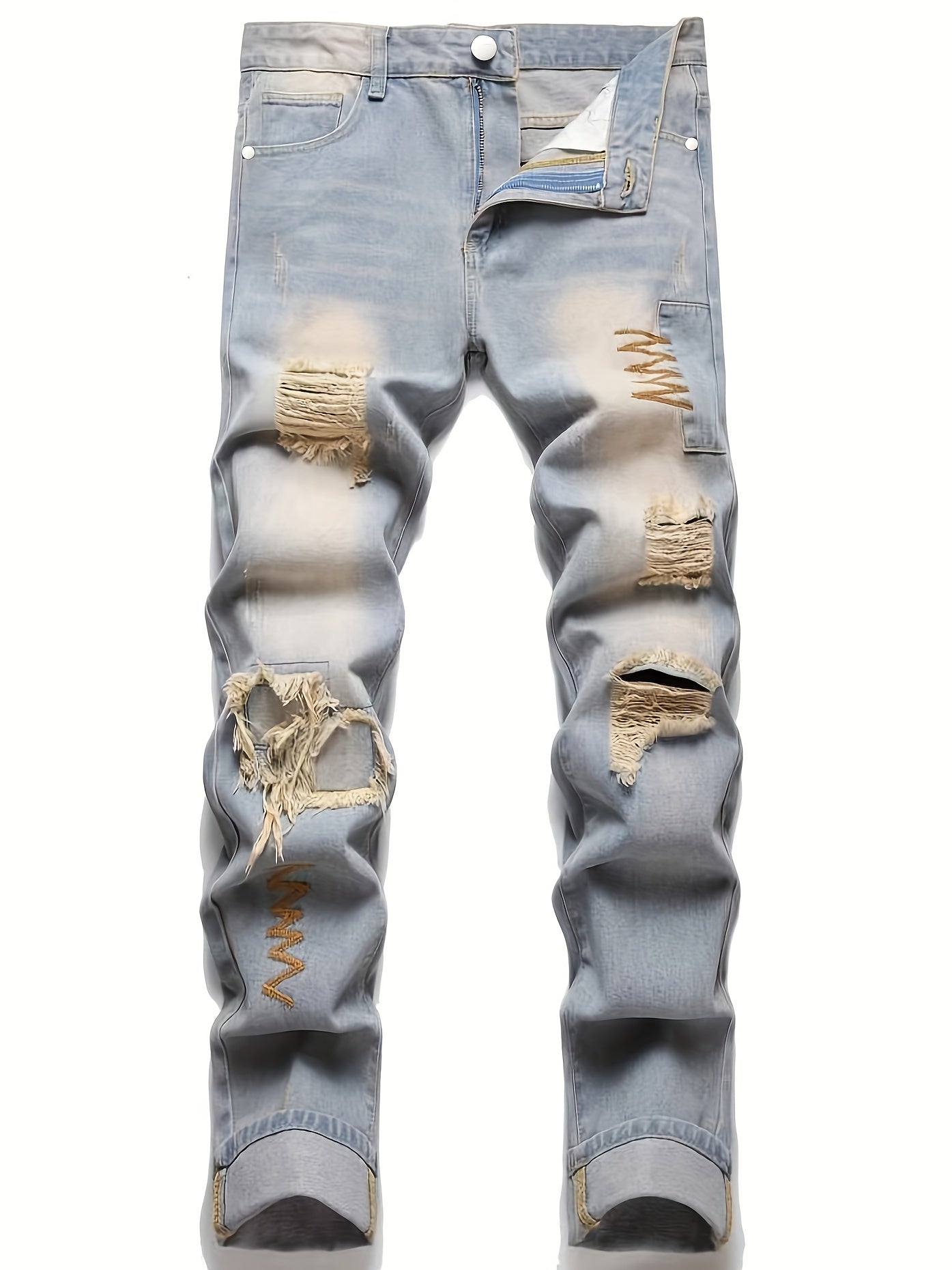 Men Embroidered Ripped Slim Straight Jeans