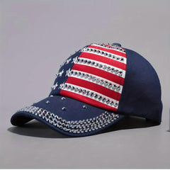 American Flag Sunshade Baseball Cap with Inlaid Diamonds