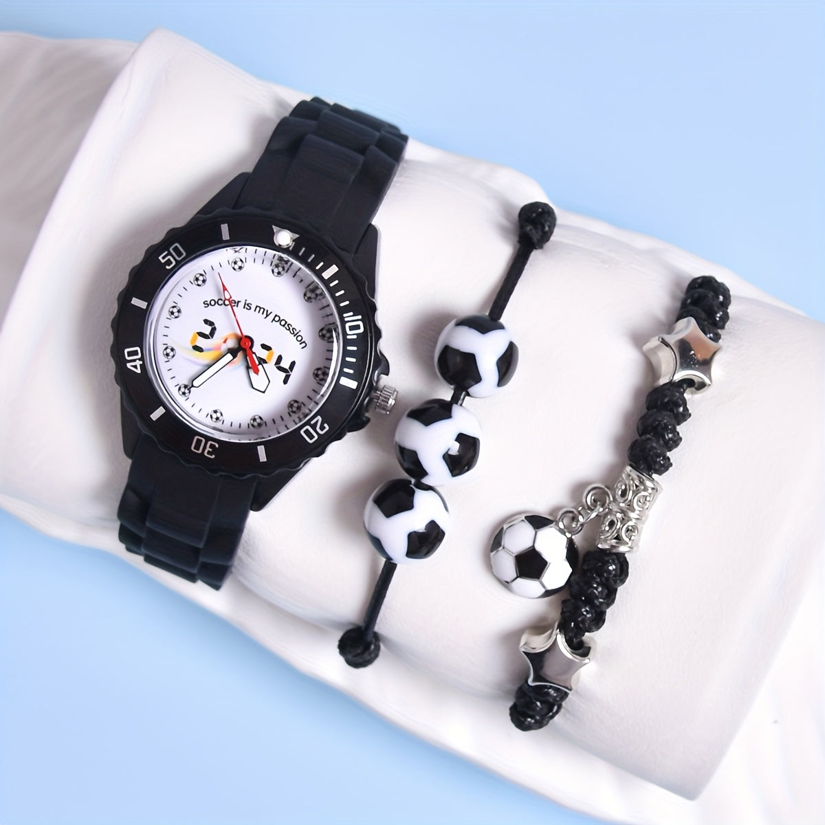 Boys' Soccer Watch Set 3pcs Silicone Strap Quartz Sports Football Motifs