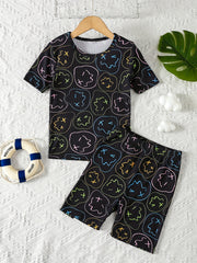 Boys Cartoon Face Print Pajamas Set