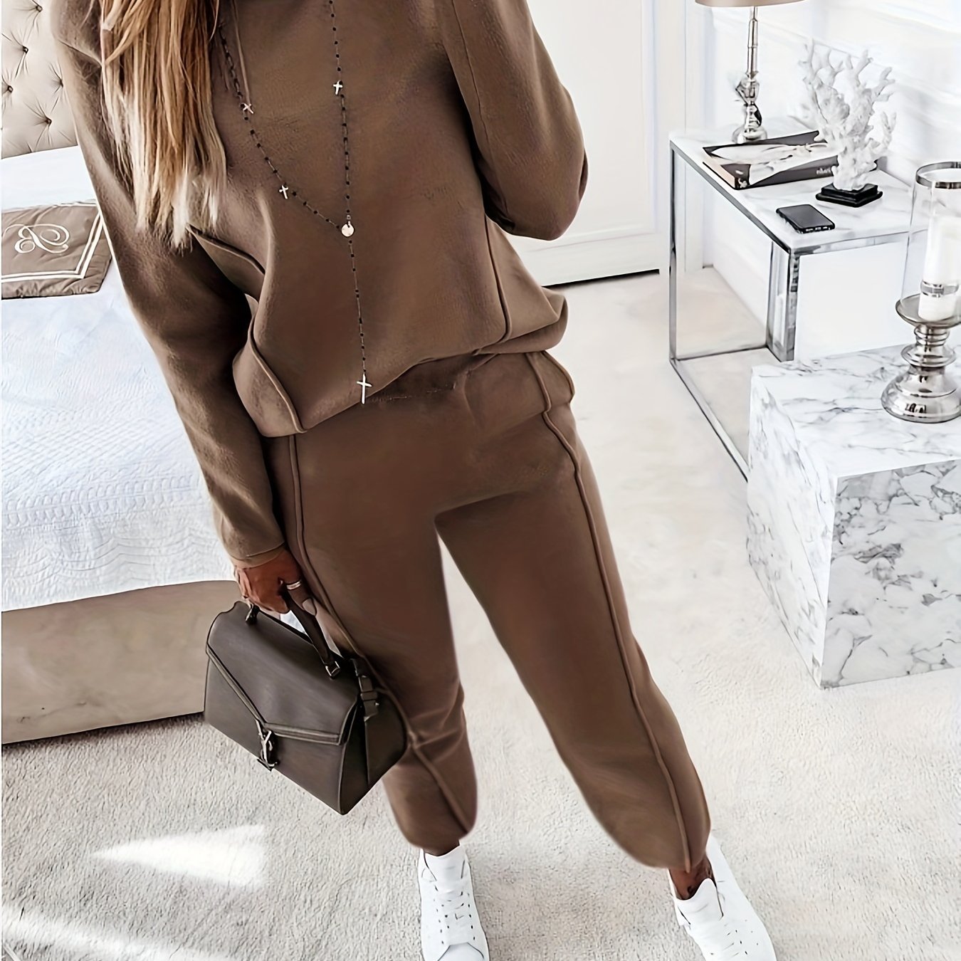 Solid Long Sleeve Mock Neck Pullover Top & Pants Set