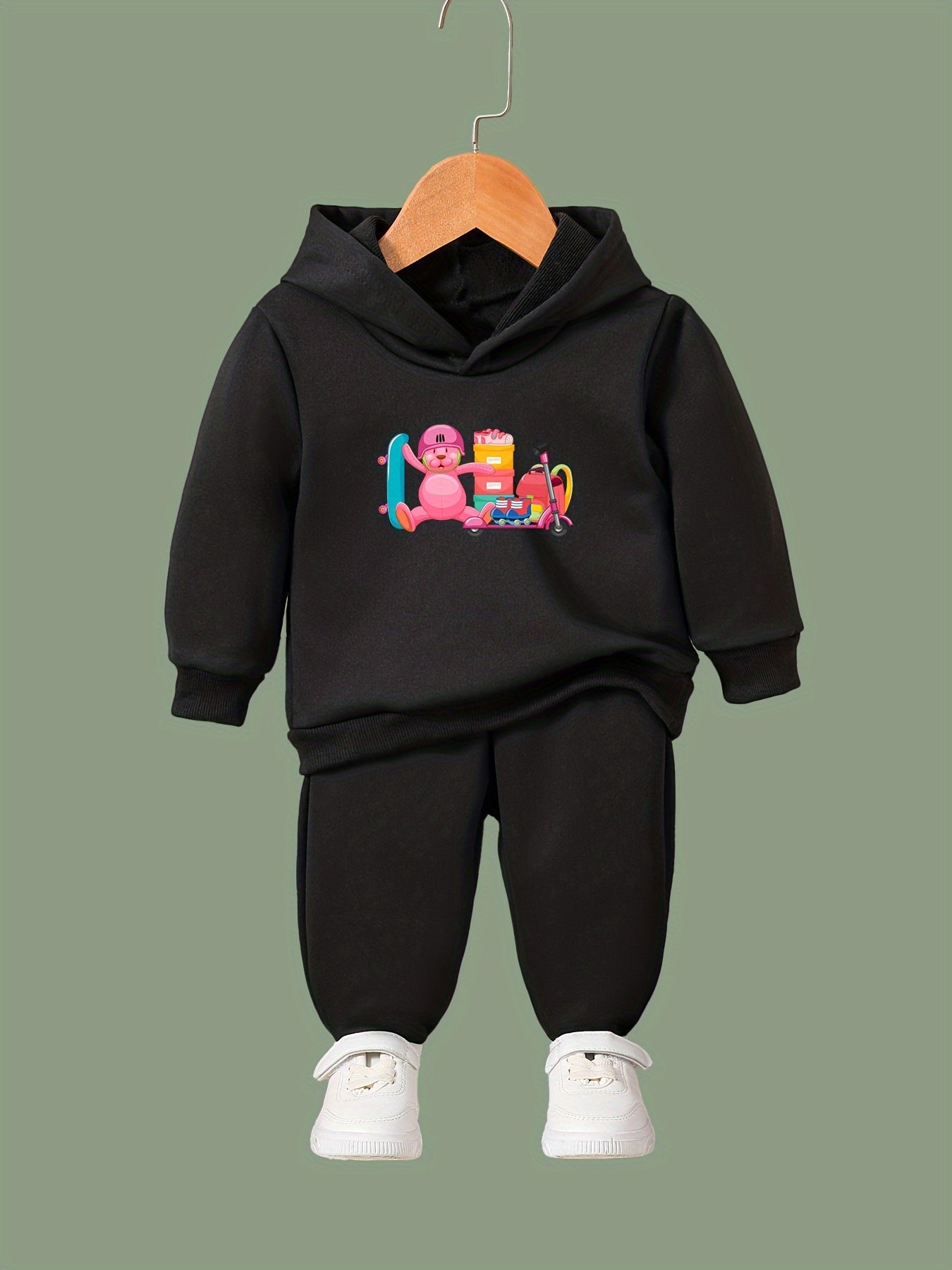 OERYUI Bear Print Hooded Pullover Pants Set for Kids