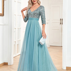 V Neck Sequin Long Dress Chiffon Sleeve Waist Evening Gown