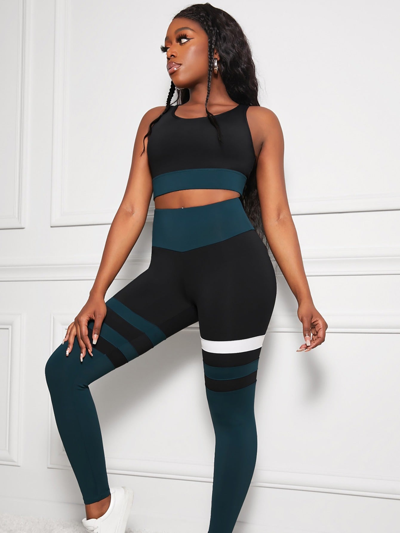 Striped 2pc Workout Set Crop Sports Bra & Leggings