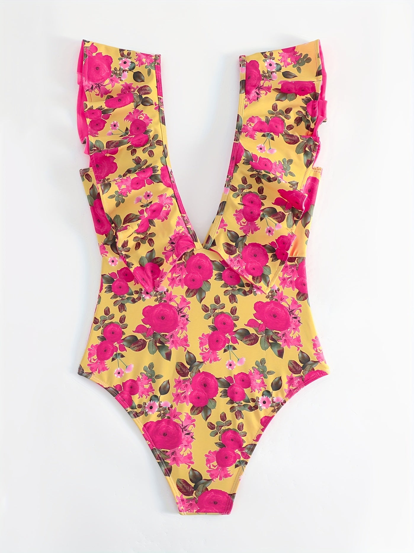 Floral Print Deep V Neck One Piece Swimsuit Ruffle Trim Vintage Style