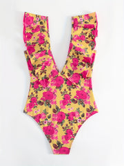 Floral Print Deep V Neck One Piece Swimsuit Ruffle Trim Vintage Style