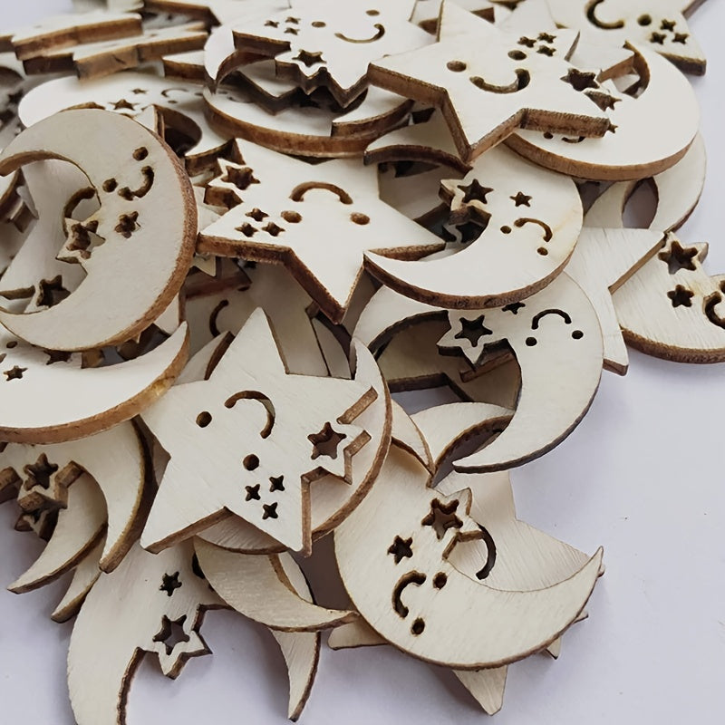 50pcs Star & Moon Wooden DIY Craft Cutouts Wooden Slices Gift Ornaments