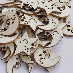 50pcs Star & Moon Wooden DIY Craft Cutouts Wooden Slices Gift Ornaments