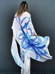 Octopus Print Thigh Split 2 Piece Beachwear Semi Sheer Kimono Cover Up & Pants