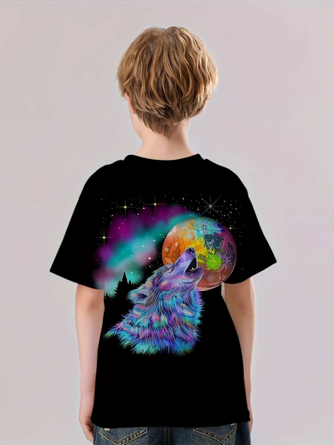 Colorful Wolf Print Kid's T shirt Casual Short Sleeve Top For Summer