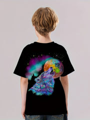 Colorful Wolf Print Kid's T shirt Casual Short Sleeve Top For Summer