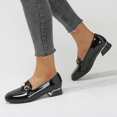 Women's Chunky Low Heel Loafer Shoes Square Toe PU Leather Shoes