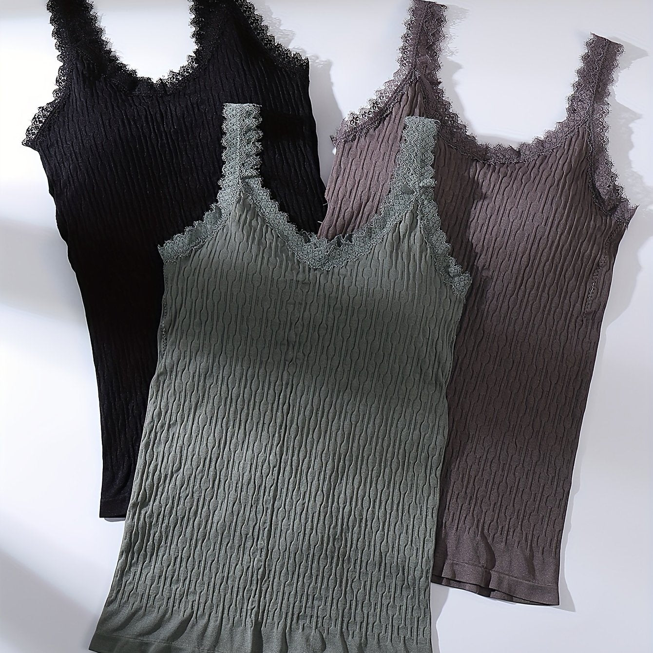 3pcs Lace Stitching Tank Tops V Neck Sleeveless Padded Top Women's Lingerie