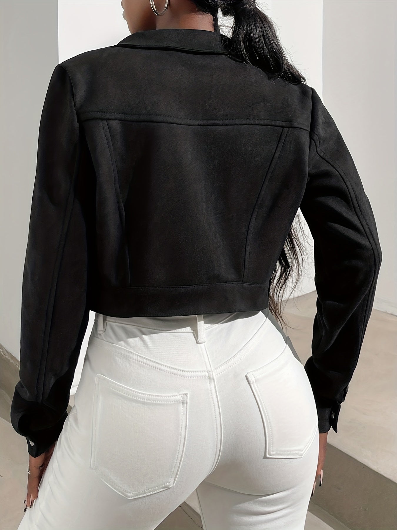 Solid Button Front Jacket Crop Long Sleeve Women's Clothing