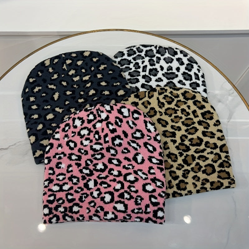 Leopard Jacquard Ear Protection Sport Knit Beanie Hat