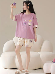 Bear Print Pajama Set Crew Neck Short Sleeve Top & Shorts