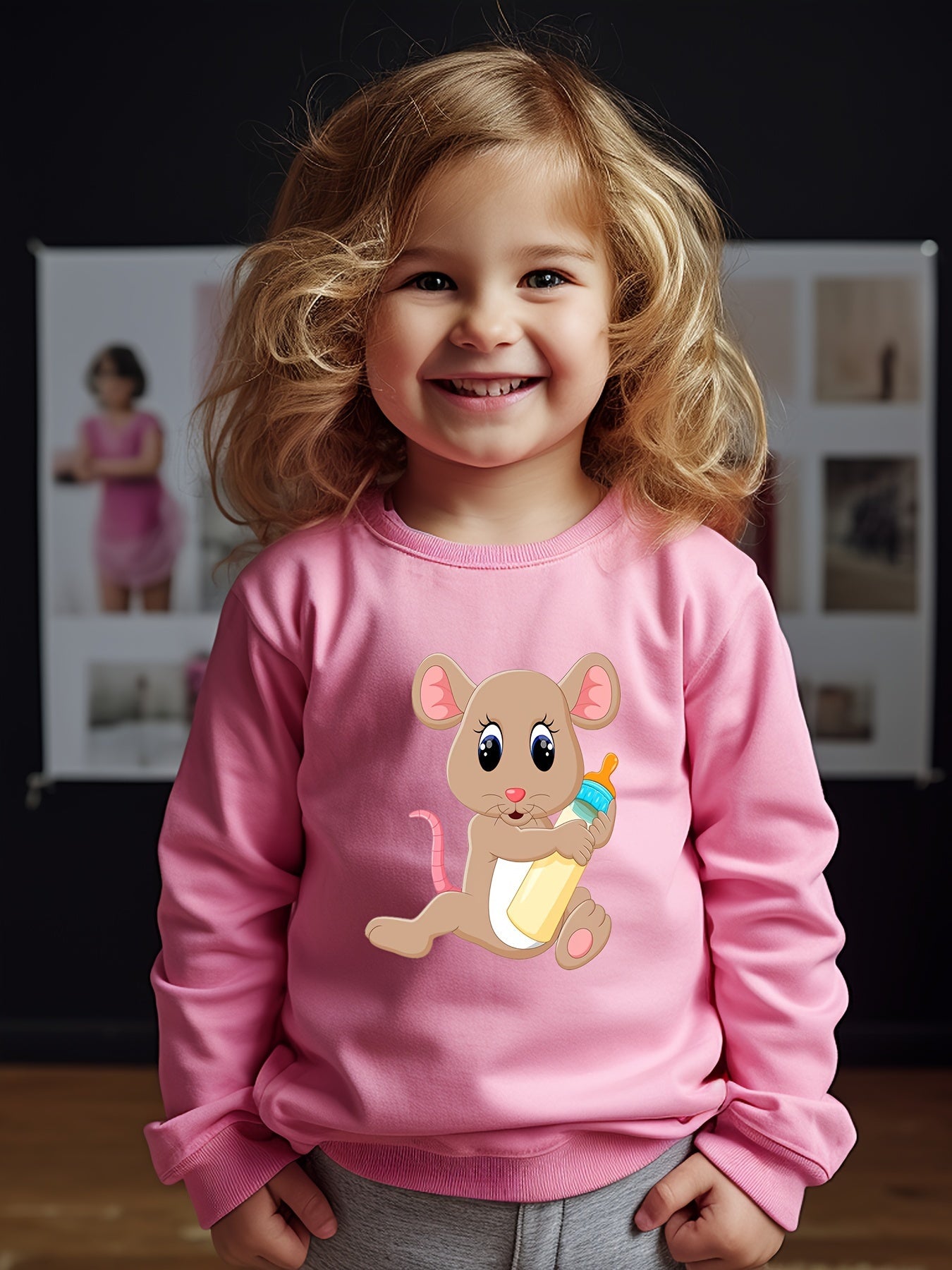 Cartoon Mouse Pattern Crew Neck Long Sleeve Sweatshirt For Girls Kids
