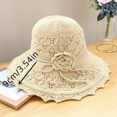 Ruffles Knitted Bucket Hat Flower Decor Foldable Travel Beach Hat