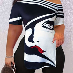 Figure Print Neck T-shirt & Skinny Shorts Set Women's Clothing
