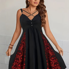 Goth Cami Dress Women's Plus Skull Print Colorblock Ring Decor V Neck