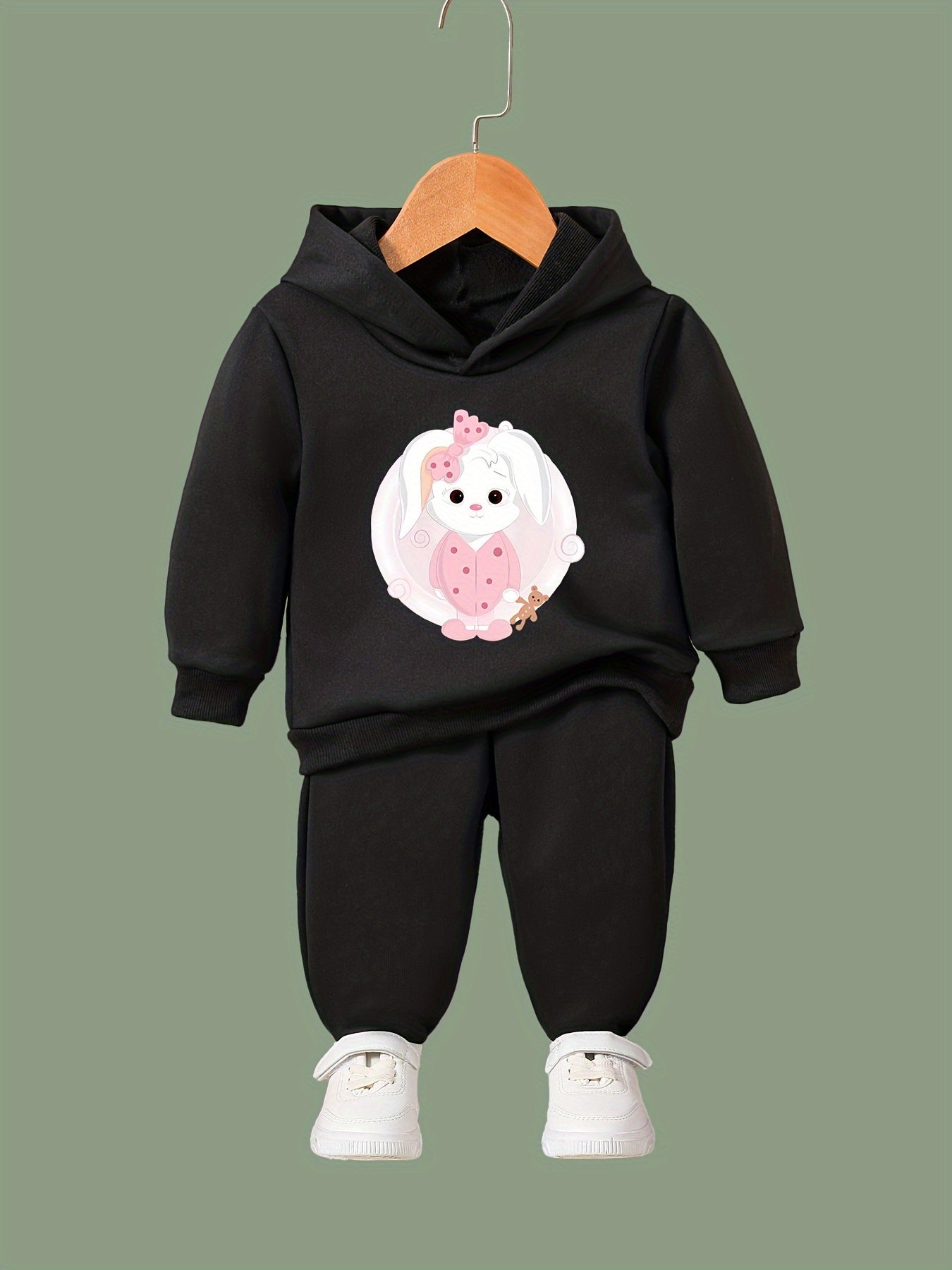 Cartoon Rabbit Pattern Hooded Sweatshirt & Solid Sweatpants Set for Girls