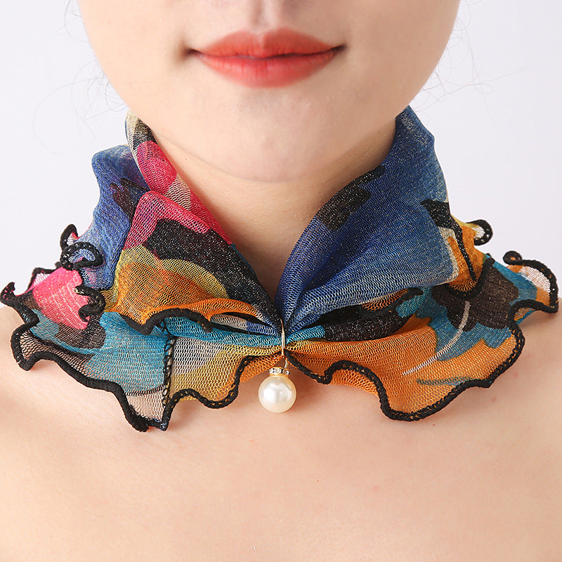 Mesh Scarf Colorful Print with Faux Pearl Pendant